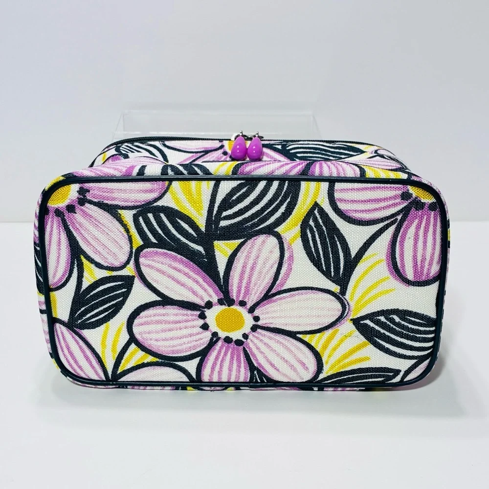 Milly for Clinique Floral Pattern Cosmetic Bag Purple Yellow Navy 5”x9”x6”